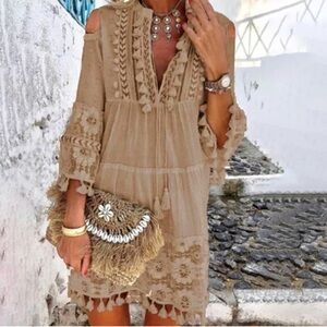 Women’s New Without‎ Tags Boho Tassel Cold Shoulder Short Dress. Size M